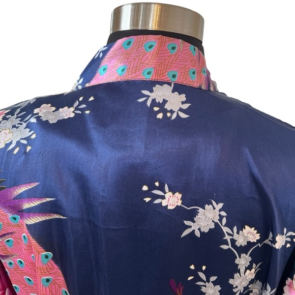 Vintage satin peacock kimono robe knee length blue pink OS - Picture 12 of 15